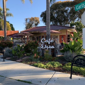 Cafe Elysa storefront and outdoor patio on Carlsbad Blvd